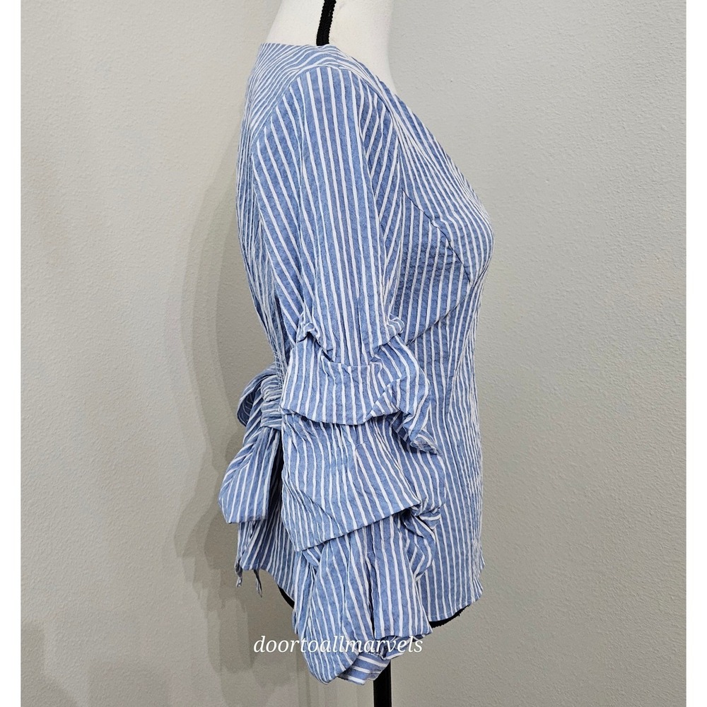WHBM Seersucker Blouse Statement Ruffle Sleeve Smocked Waist Coastal sz 12 NWT - Picture 6 of 16